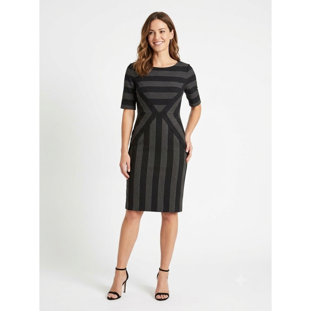 Anthropologie Maeve Pencil Dress Womens 2 Black Gray Striped Short Sleeve Lined